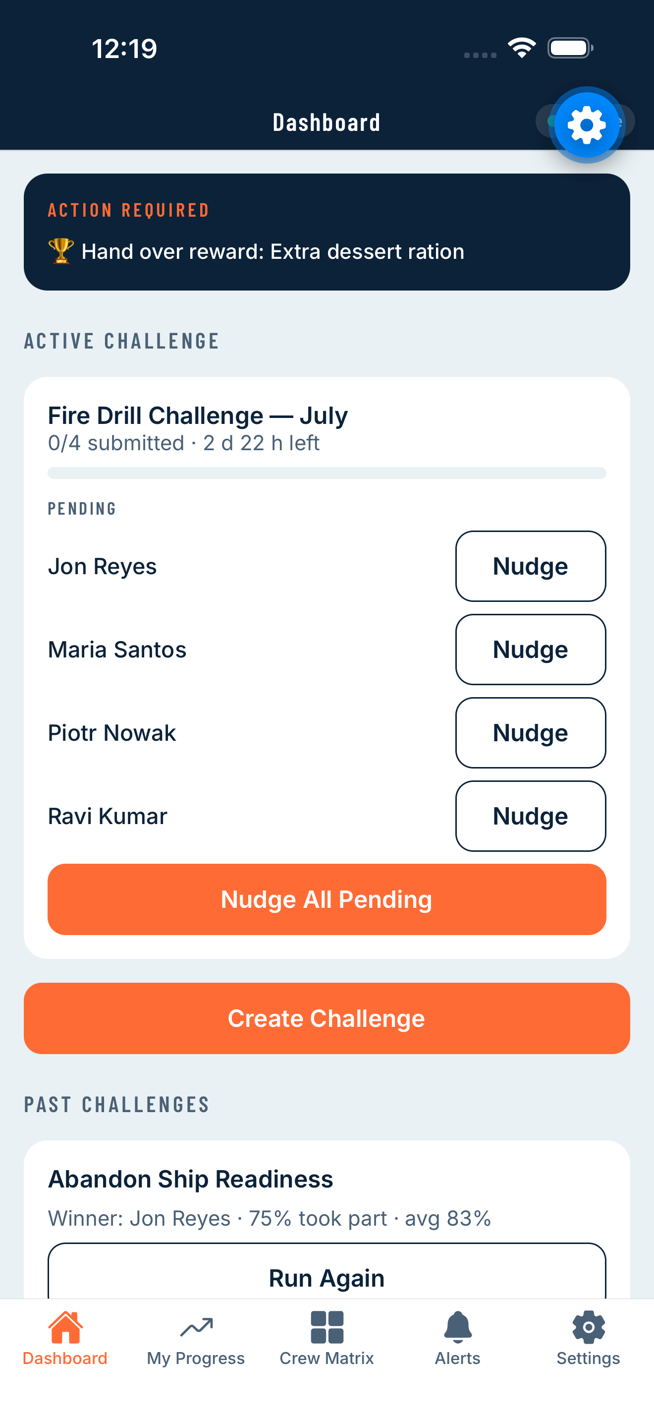 Captain dashboard showing an active fire drill challenge and pending crew